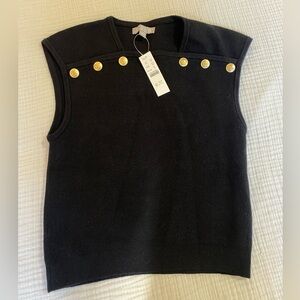 J. Crew Black Wool Shell Top with Gold Button Accents in Size M. NEW WITH TAGS